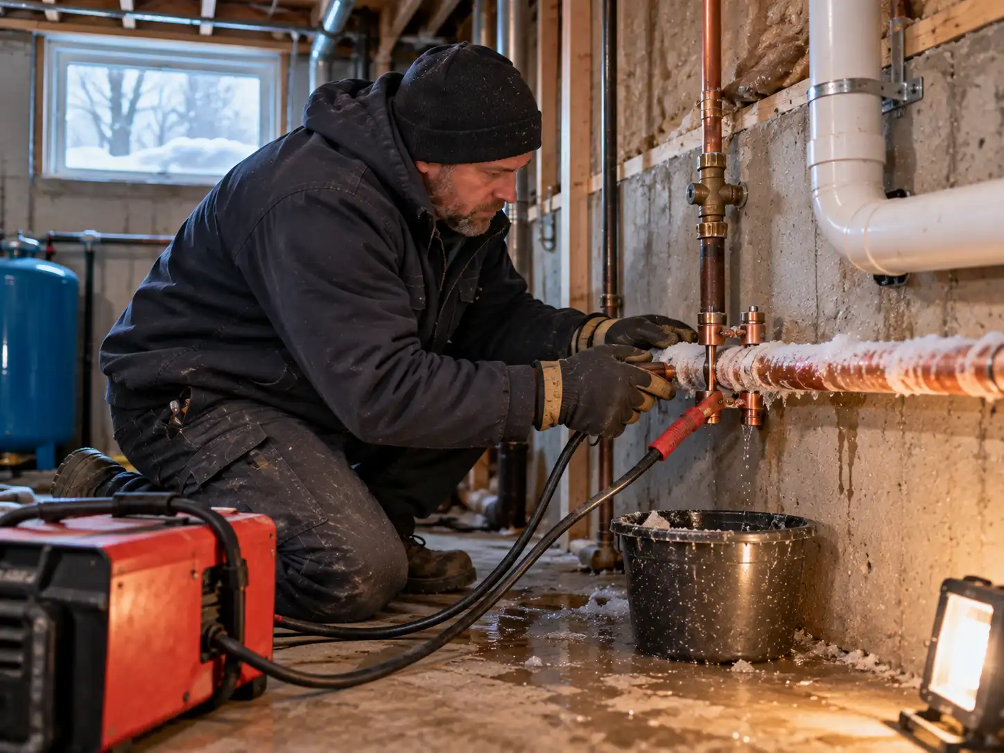 Plumber thawing a frozen pipe in a Brampton basement