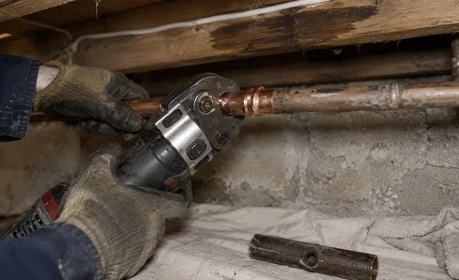 Plumber thawing a frozen copper water line in a Brampton basement